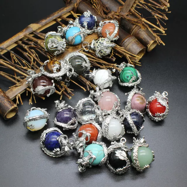 Natural Gemstone Dragon Ball Round Reiki Chakra Healing Pendant Necklaces Beads