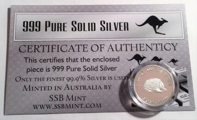 Echidna 1/10th Oz 99.9% Pure Solid Silver Coin, with C.O.A. (14 to Collect)