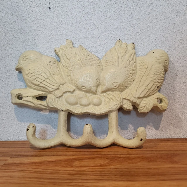 Cast Iron Birds Nest & Eggs Ivory 3 Wall Hooks Vintage Antique Metal key holder