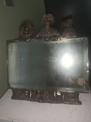 ANTIQUE CAST IRON TABLE TOP FRAME w ATTACHED MIRROR BOY GIRL DOG CAT SEE PHOTOS