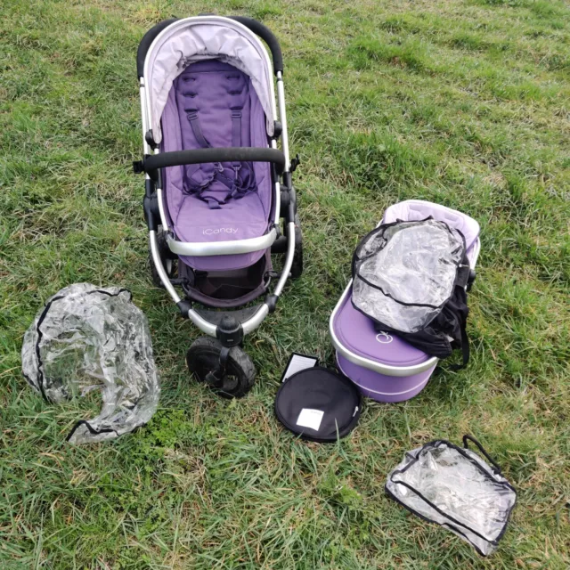 I Candy Peach Jogger All Terrain Travel Pram Detachable Cot System Purple