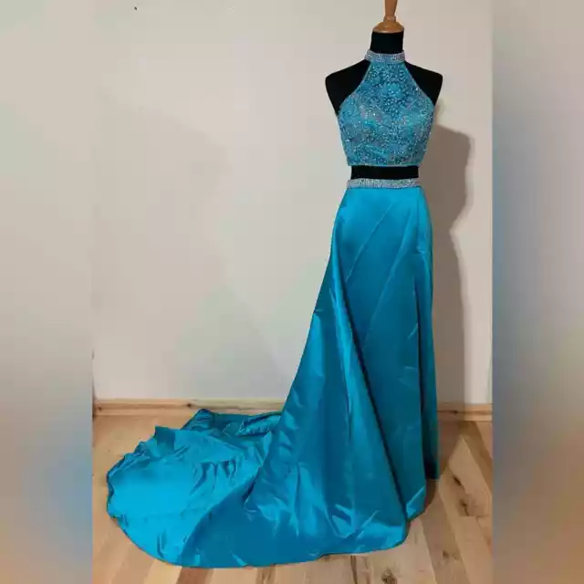 Jovani 25619A turquoise blue lace illusion jeweled two piece prom dress NEW 6