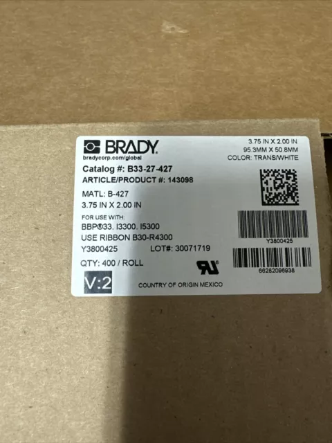 BRADY B33-27-427 Label,White/Clear,400 per Roll,2.000inW