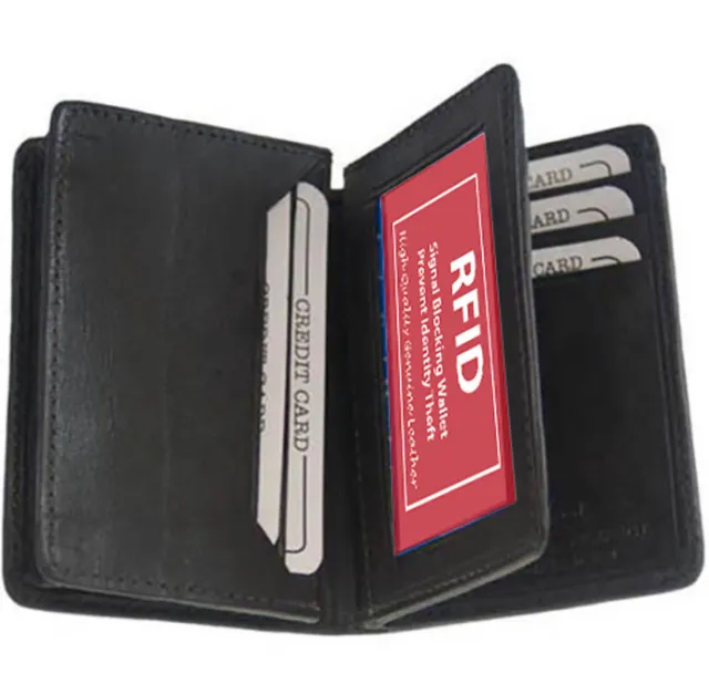 RFID Blocking Black Men's Leather Bifold Wallet Gusseted ID Credit Card Holder