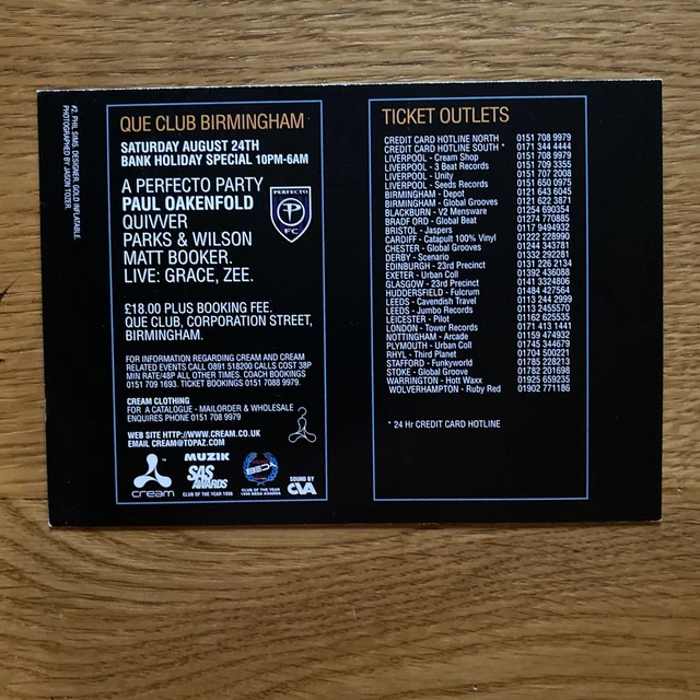 CREAM RAVE FLYER Flyers 24/08/96 Que Club Birmingham Paul Oakenfold EUR
