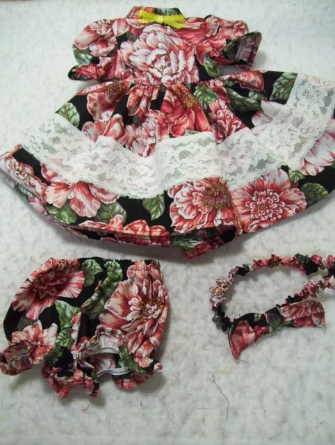 Big flowers on black dress, panties, & headband--made to fit 18" dolls