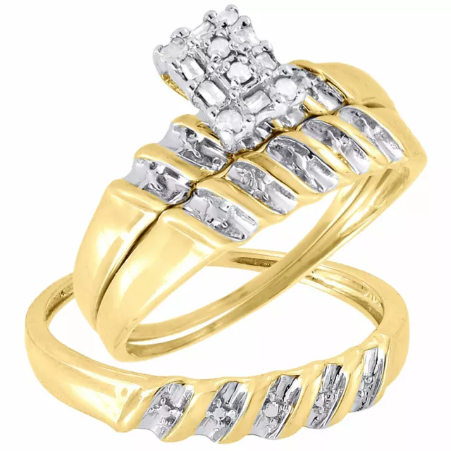 Diamond Trio Set 10K Yellow Gold Ladies Engagement Ring Mens Wedding Band .10 Ct