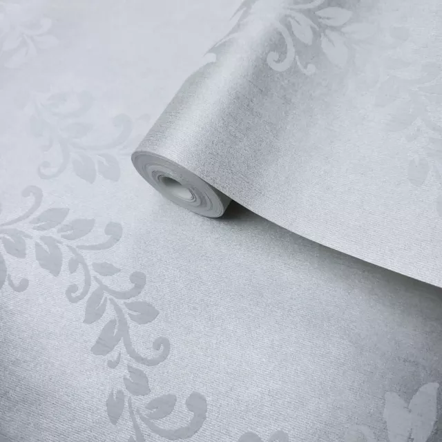 Wallpaper roll silver Metallic floral flocked textured white Damask Victorian 3D