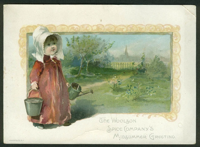 Woolson Spice Lion Coffee Midsummer Greeting trade card girl watering can 1880s