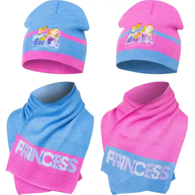 Kids Girls Junior Disney PRINCESS Pink Winter Warm Beanie Hat & Scarf Set UK