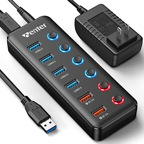 Powered USB Hub Wenter 6-Port USB 3.0 Hub Splitter 4 USB 3.0 Data Ports + 2 Q...