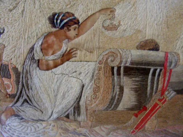 Antique Regency Silk Needlework, Classical Scene c1810
