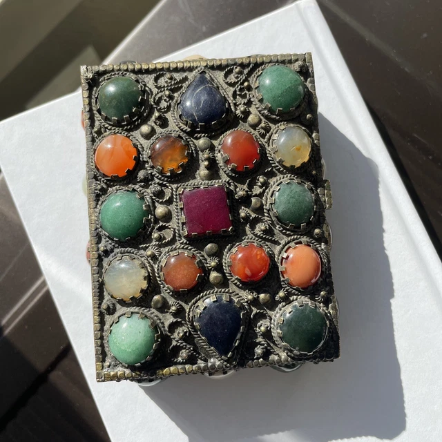Vintage Beautiful Trinket Jewelry Box Hand Crafted Filigree with real Stones
