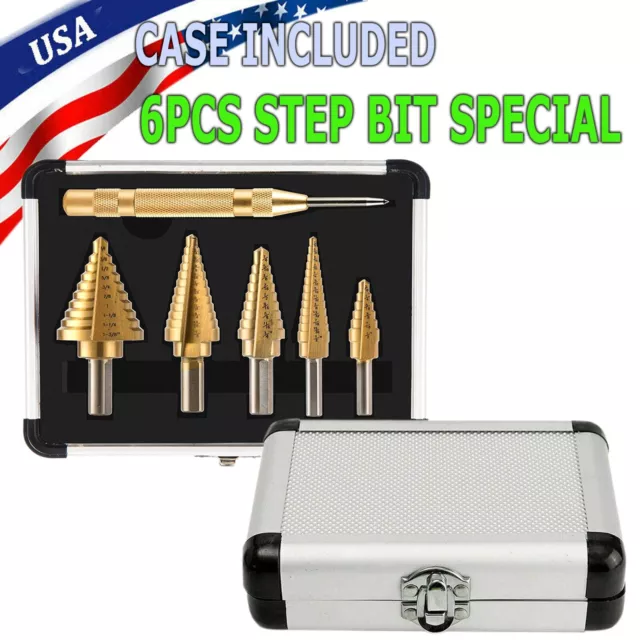 HSS 6PCS Titanium Step Drill Bit Set W Automatic Center Punch High Speed Steel