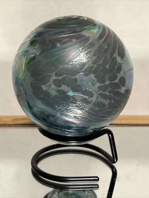 Ellinger Glass Quest  Art Studio Iridescent  Orb Globe Float & Stand Signed 2021