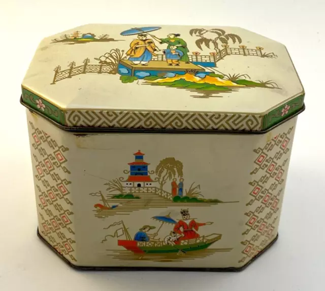 Vintage Daher Tin Box Asian Motif 5.5 x 3.5" England Hinged Lid
