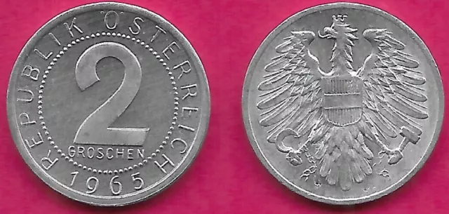 Austria 2 Groschen 1965 Unc Imperial Eagle With Austrian Shield On Breast,Holdin