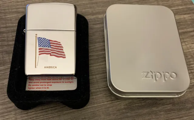 Zippo Slim Polish Chrome Lighter - America Flag w/ Beatles Drum Box