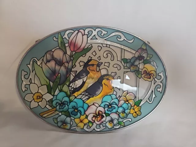 Amia Stained Glass Suncatcher Hand painted 2 Birds Perching Spring Oval 9"