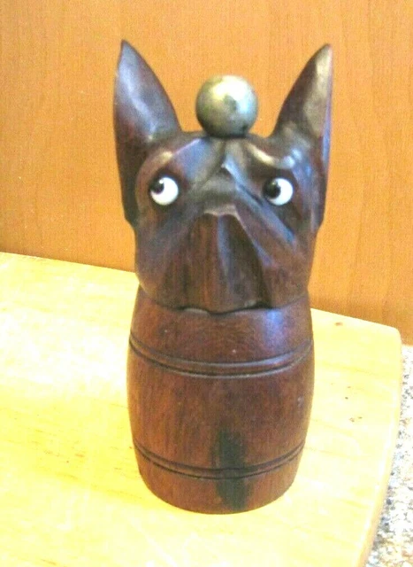 Old Marlux Wood Pepper Corn Grinder Carved French Bull Dog Glass Eyes As Is Nice