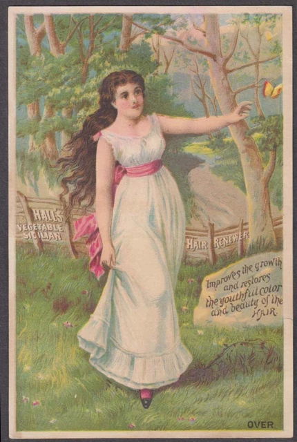 Hall's Vegetable Sicilian Hair Renewer trade card 1880s brunette wants butterfly