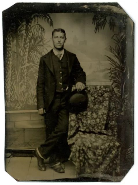 CIRCA 1860'S 1/6 Plate TINTYPE Handsome Young Man in Suit Holding Bowler Hat
