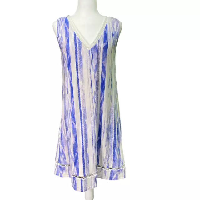 TART Womens Large V Neck Swing Jersey Dress Blue White Ikat Sleeveless Lined