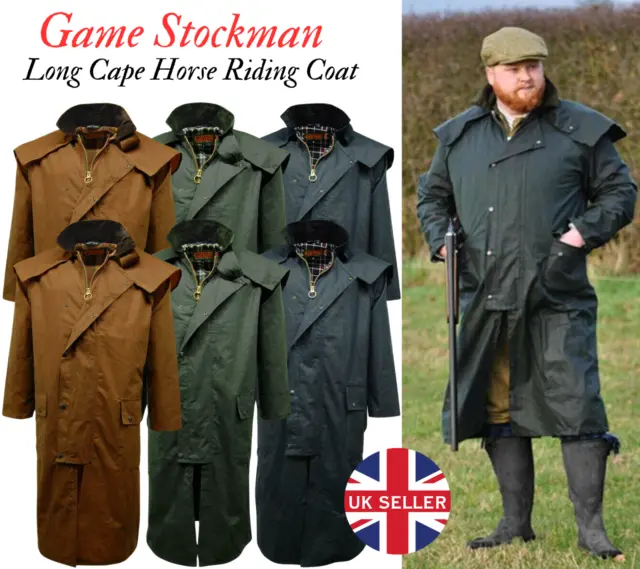 Mens Game Stockman Long Cape Horse Riding Wax Coat /Jacket Detachable Hood S-2XL