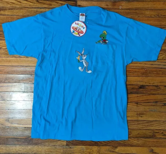 Vintage 1996 SLooney Toons Bugs Bunny/Marvin Martian XL Patch Pocket Tee NOS/NWT