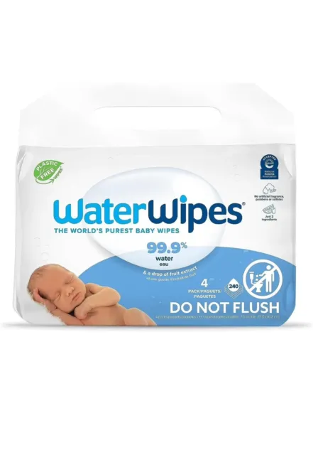 WaterWipes Plant-Based Original Baby Wipes, 240 Count (4 packs), Packaging.