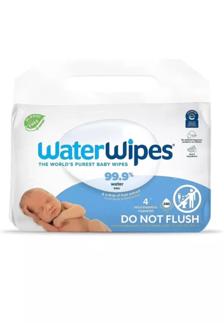 WaterWipes Plant-Based Original Baby Wipes, 240 Count (4 packs), Packaging.
