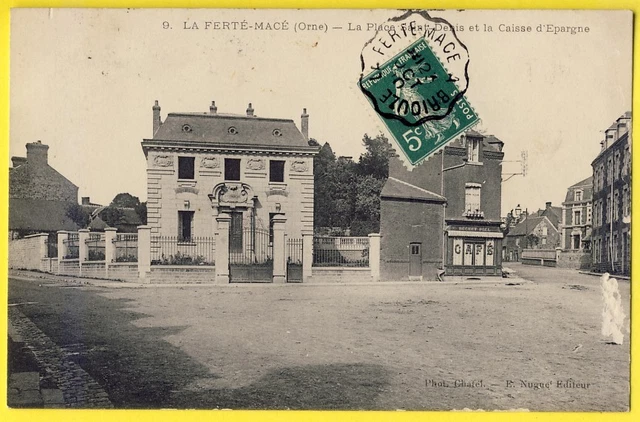 cpa LA FERTILITY MACÉ (Orne) Place St DENIS BANK Caisse d'Epargne CAFÉ Béchet Piel