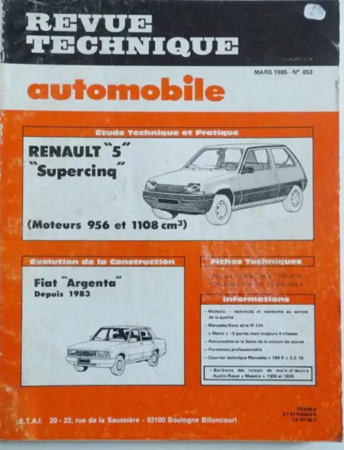 revue technique automobile RTA RENAULT 5 Supercinq moteurs 956 et 1108 cm3 n°453