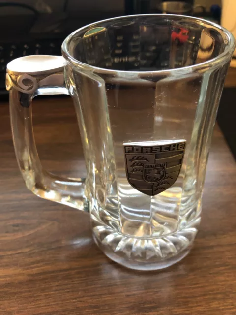 Genuine PORSCHE Metal Embossed Crest 5.5” Clear Heavy Glass Beer Mug complete!