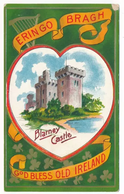 God Bless Old Ireland Erin Go Bragh Blarney Castle County Cork Shamrock Postcard