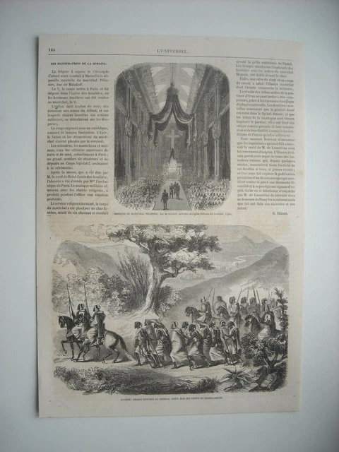Gravure 1864. Algerie. Otages Envoyes Au General Jusuf. Obseques Marechal Peliss