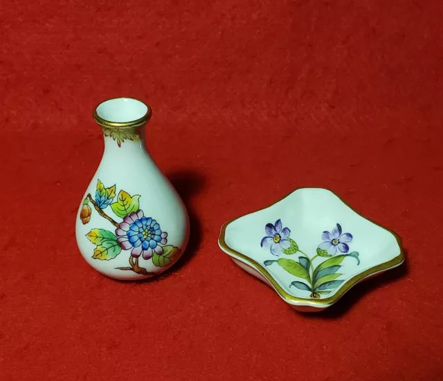 Herend Queen Victoria Minature Bud Vase+Floral Square Mini Bowl Hungary