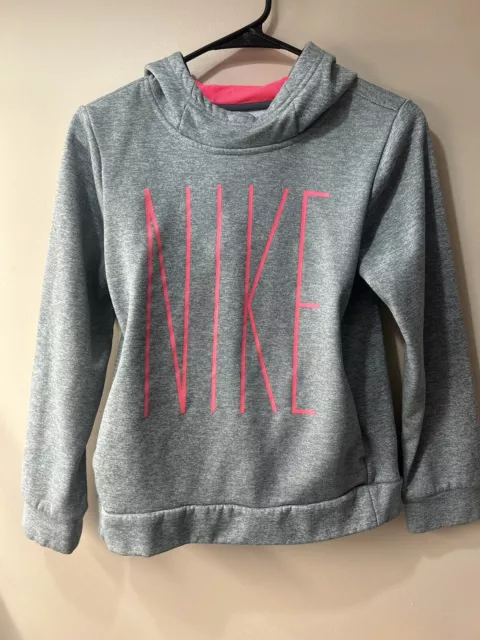 NIKE DRI FIT High Neck Hoodie Sweatshirt Girls Youth Large Gray & Pink /Big Logo