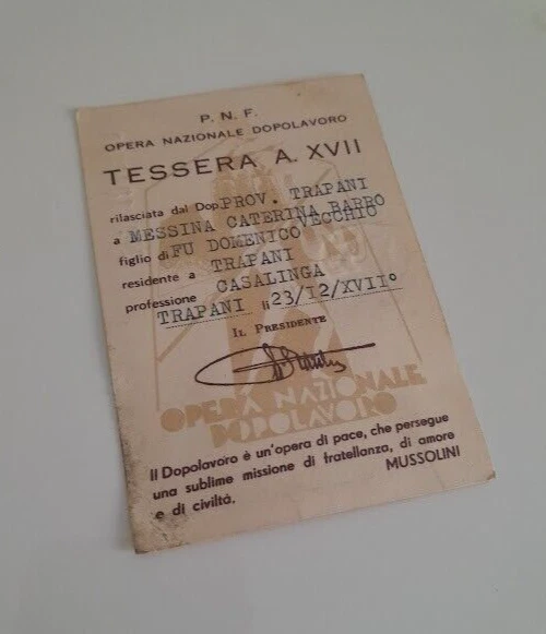 Fascismo Opera Nazionale Dopolavoro tessera di Riconoscimento 1939 TRAPANI