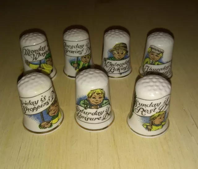 Vintage Birchcroft Days of the Week Thimble Set Error Misprint China Thimbles