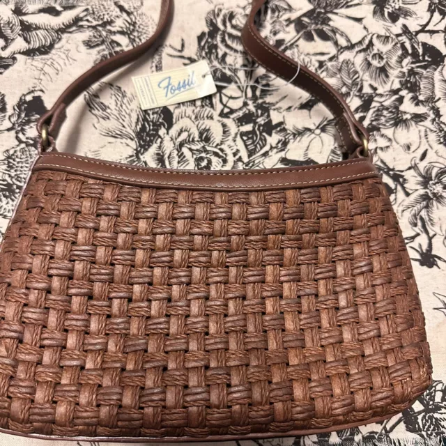 FOSSIL Vintage Woven Basket Weave Leather Shoulder Top Handle Bag Brown *New*