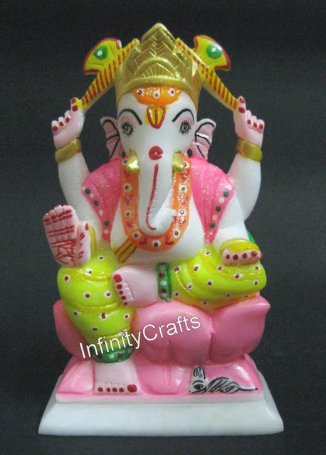 16.5cm Marbre Blanc Dieu Ganesha Statue Avec Fait à la Main Travail Bonne Chance