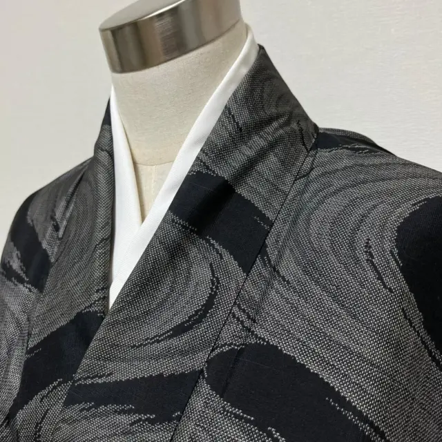 Japanese Kimono Oshima Tsumugi Silk Pongee Weave 158cm Wave Pattern Black