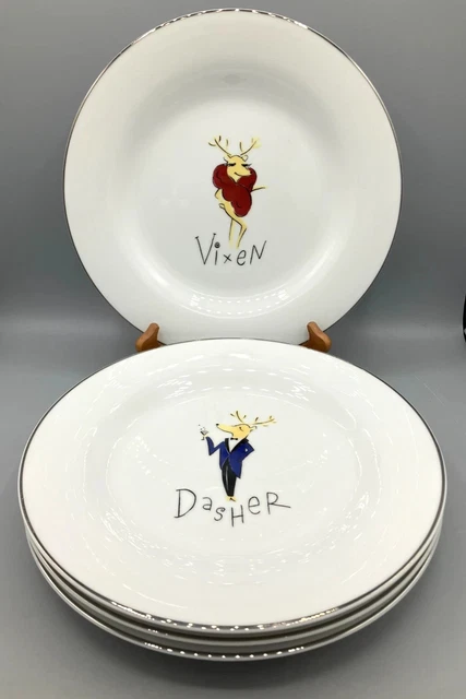 RARE RETIRED 4X Pottery Barn Reindeer Dessert Plates Silver