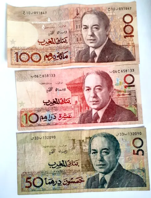 3 Banknote MOROCCO 10-50-100 DIRHAMS 1987 King Hassan II - Used