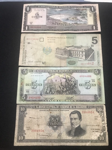 4 Salvadoran banknotes 1con1982-2de5colones1998-1990-10colones1988