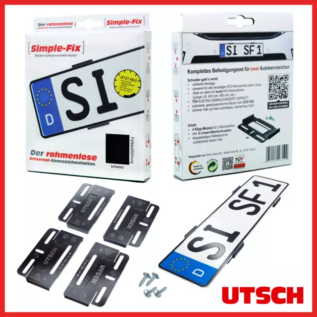 2x Kennzeichenhalter Set Nummernschild Halter rahmenlos Auto Kfz SIMPLE FIX 2.0