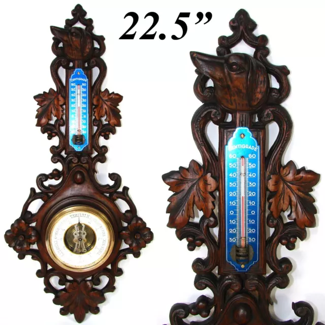 Antique Victorian Era Black Forest Style 22.5" Wall Barometer & Thermometer