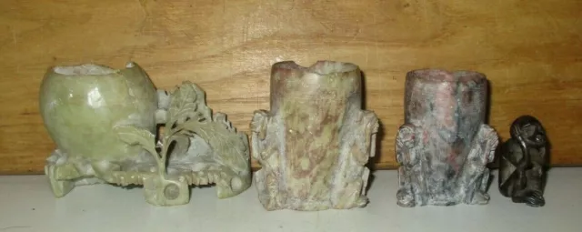 4 Antique Chinese Monkey Soapstone Hand Carved Sculptures