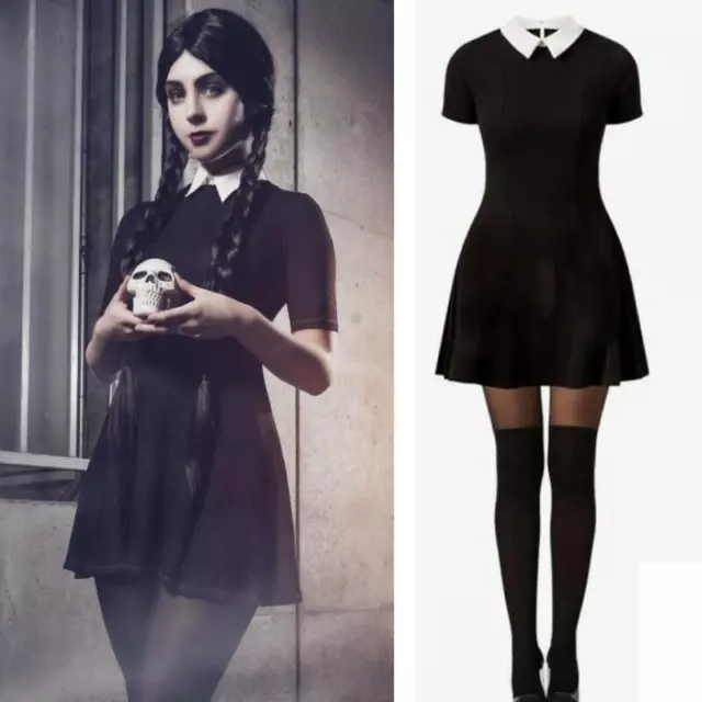 Women Black Short Sleeve Mini Dress Cosplay Fancy Dress Halloween Costume Gothic
